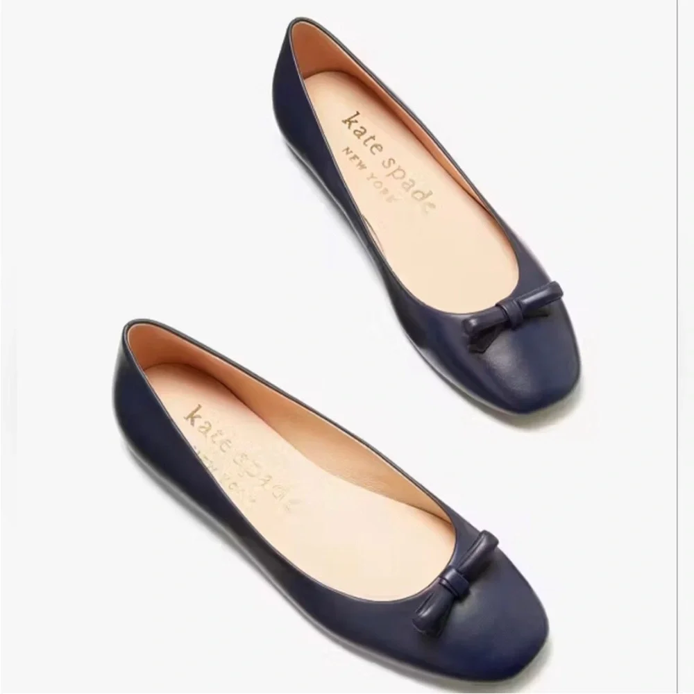 NEW Kate Spade Kiersten Bow Leather Navy Round Toe Ballet Flats Shoes Size 9